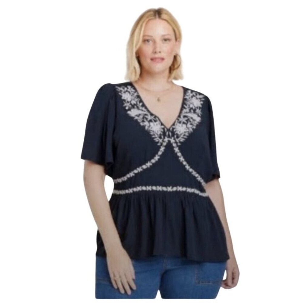 Knox Rose Womens 4X Navy Embroidered Peasant Top Short Flutter Sleeves Casual